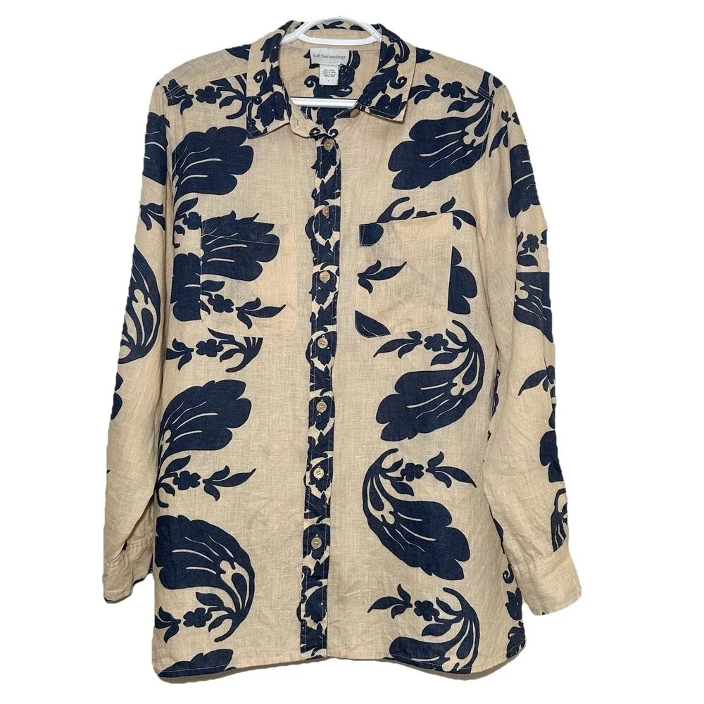 Soft Surroundings Linen Blend Floral Hawaiian Shirt Beige Navy Women L